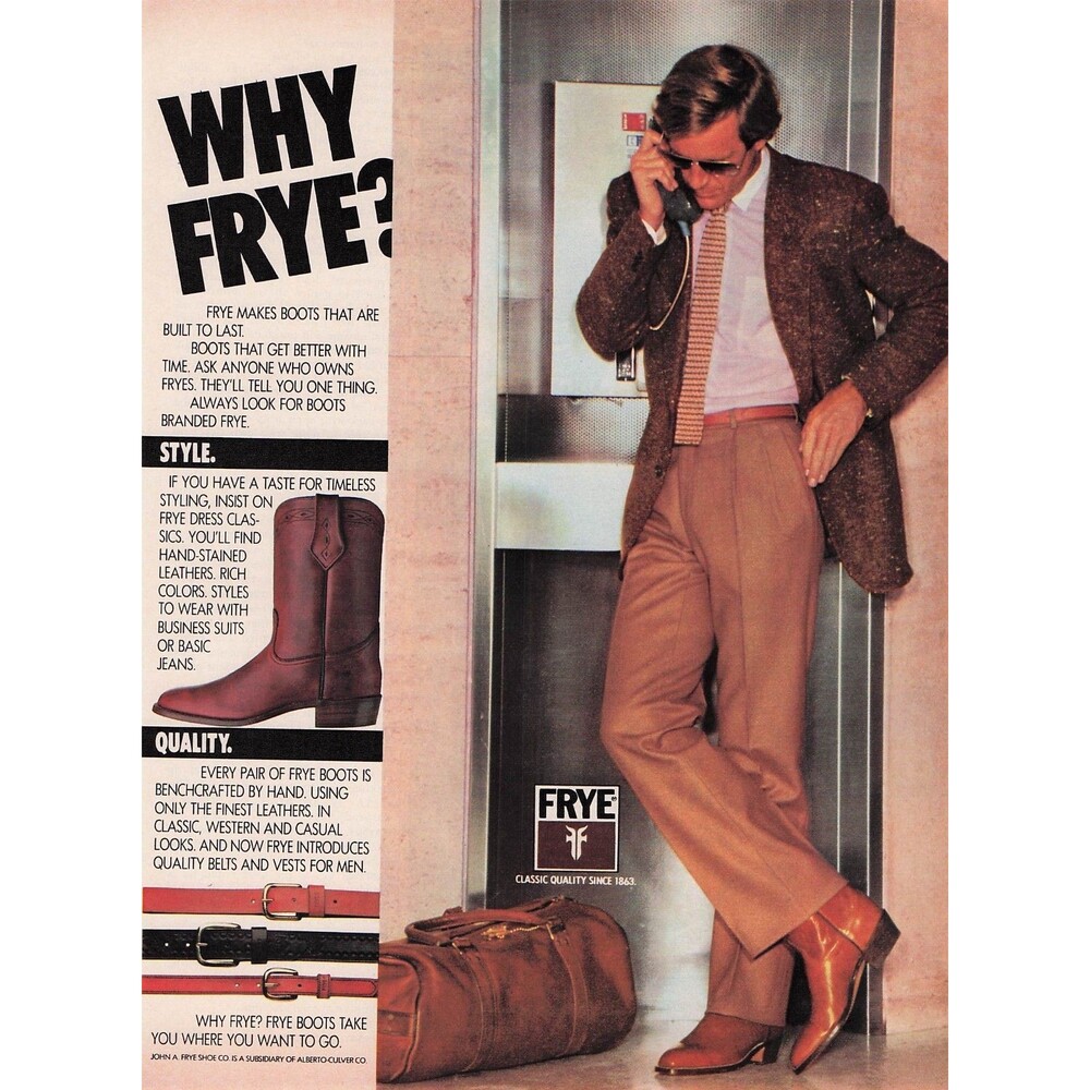 1982 vintage Frye Boots Men's Fashion Ad pinup knit tie Speckled blazer tweed